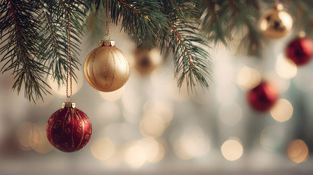 Golden and red ornaments dangle among pine needles, creating a warm holiday atmosphere.の素材