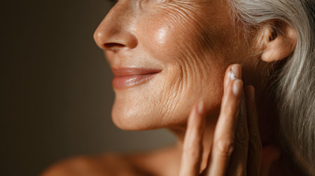 Woman gently applies skincare product to her face with a serene expression and soft lightの素材