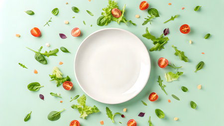 Cherry tomatoes and mixed greens surround a clean plate, highlighting fresh ingredients.の素材