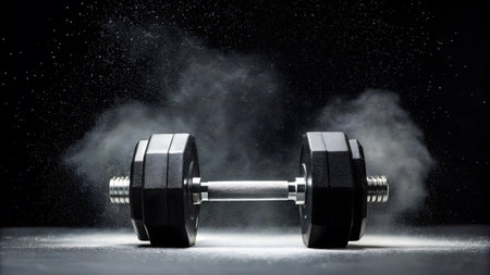A heavy dumbbell lies on a dusty gym floor, illuminated in a dark space.の素材