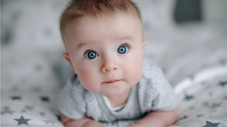 Baby with bright blue eyes is lying on a soft blanket with star patterns in a cozy spaceの素材