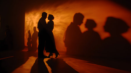Couple sharing an intimate moment in silhouette with warm glow and soft shadows surroundingの素材