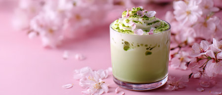A charming matcha drink with whipped cream and cherry blossoms against a soft pink background.の素材