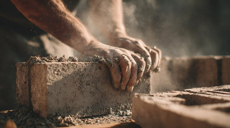 Laborer is shaping concrete blocks with hands in a dusty construction environmentの素材