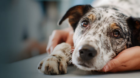 A calm dog rests its head on the table, enjoying a petting session from a caring human.の素材