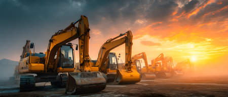 Excavators are positioned at construction site with dramatic sunset and clouds in backgroundの素材