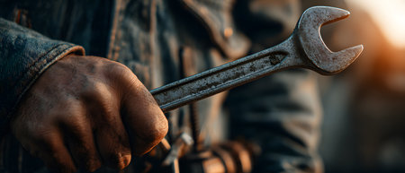 Mechanic grips a wrench in workshop surrounded by various tools and equipmentの素材