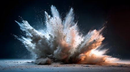 Dust and debris explosion creating a dramatic scene filled with energy and movementの素材