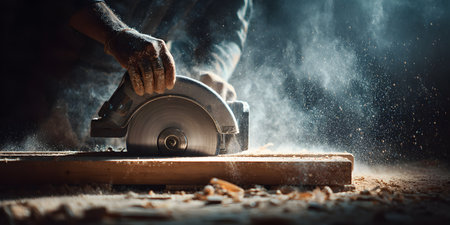 Craftsman operates circular saw on wood in workshop with dust and dramatic lighting effectsの素材