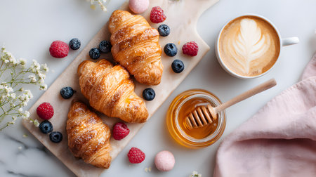 Croissants served with berries, honey, and coffee on a marble table with soft textilesの素材