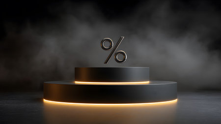 Dark podium features a percentage symbol illuminated by soft glowing light in mistの素材