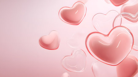 Translucent hearts are floating against a soft pink background for romantic visualsの素材