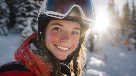 Young female skier with helmet and goggles smiling in snowy mountain environmentの素材