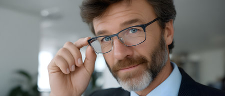 Confident mature man is adjusting his glasses in a bright modern office settingの素材