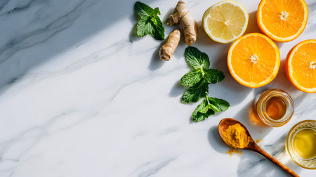 Citrus fruits, ginger, and mint leaves arranged on marble surface with copy spaceの素材