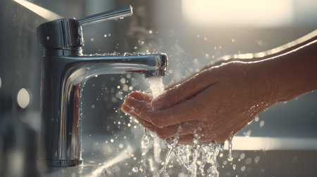 Person's hands are washing under a sleek faucet with water flowing in a bright kitchenの素材