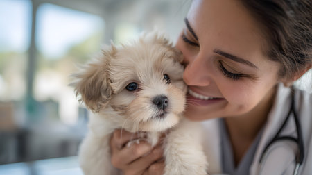 A veterinary nurse smiles joyfully while holding a cute puppy in a bright clinic.の素材