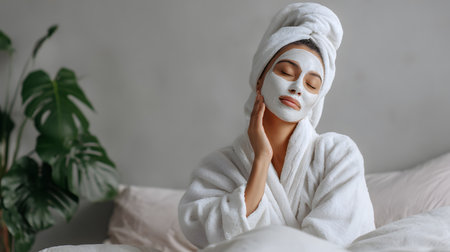 Woman with facial mask is enjoying spa treatment in cozy home environmentの素材