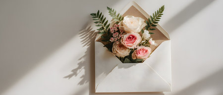 Beautiful flowers arranged in an envelope with gentle shadows and warm natural lightの素材