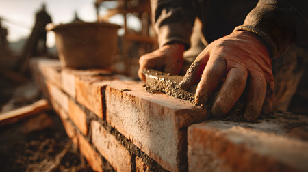 Worker expertly lays bricks with mortar in construction site illuminated by sunsetの素材