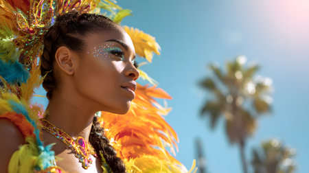 Woman in colorful feathered costume enjoying cultural festival under bright sunlightの素材
