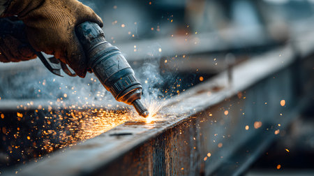 Worker operates power tool to cut metal, creating sparks in an industrial environmentの素材