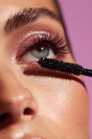 Woman enhances eyelashes with mascara against a colorful backdrop highlighting beautyの素材