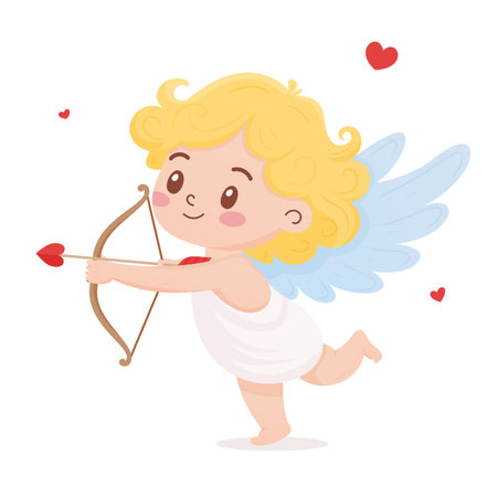 Adorable cherub character with wings aiming bow and arrow at floating heartsのイラスト素材