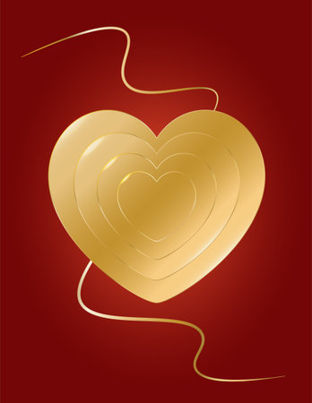 Layered golden heart illustration features elegant ribbon on a deep red backdropのイラスト素材