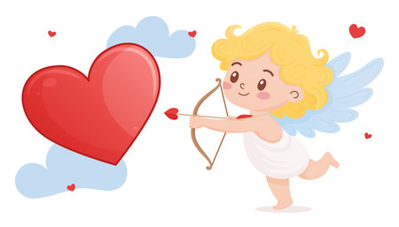 Cute angel illustration aiming a heart with bow and arrow in a whimsical sky settingのイラスト素材