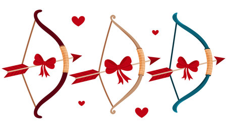 Colorful illustration of decorative bows and arrows with hearts for romantic themesのイラスト素材