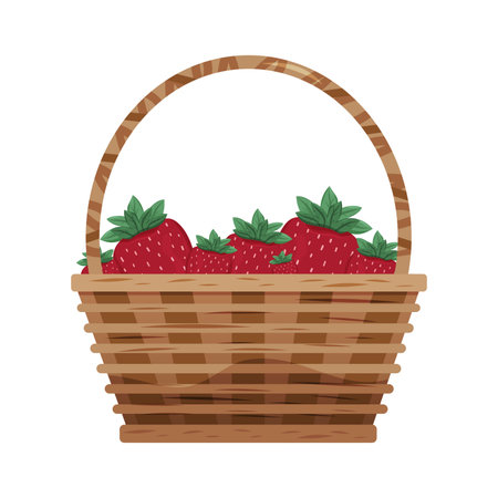 A wicker basket filled with ripe strawberries. Concept of freshness and organic harvestのイラスト素材