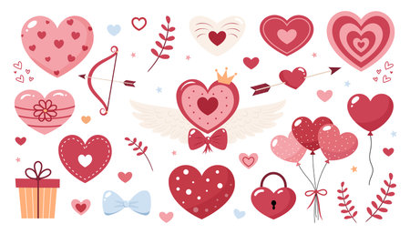 Cute hearts, arrows, wings, balloons and love icons on white background.のイラスト素材