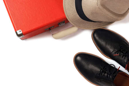 male classic hat, shoes and briefcase isolated on white backgroundの写真素材