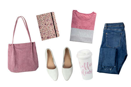 Collage of female fashionable clothes and accessories isolated on white background. Collection of...