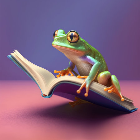 illustration of funny frog reading book, on purple background. AI Generatedの素材