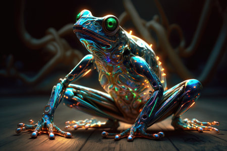 Frog with neon light on a wooden background. AI generatedの素材