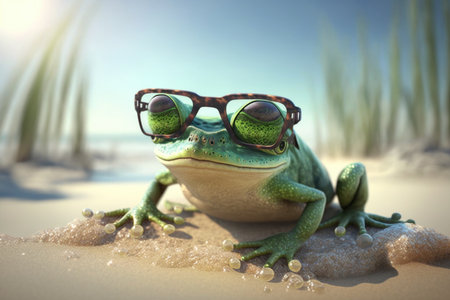 Frog wearing glasses on the beach. AI Generatedの素材