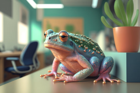 A cartoon frog sitting in a modern office. AI Generatedの素材