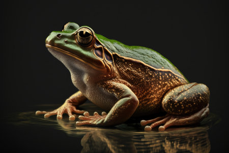 a green frog isolated on black background with reflection AI generatedの素材