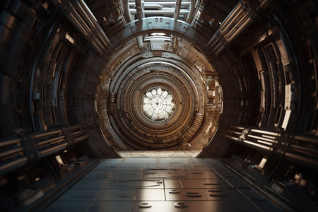 Photorealistic Time travel: a time machine. a futuristic space station corridor with glowing lights, AI generatedの素材