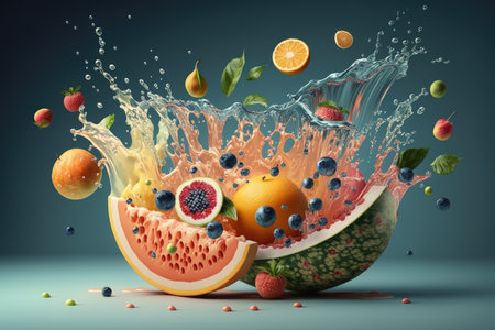 Fruit splashing in water on blue background. AI generatedの素材