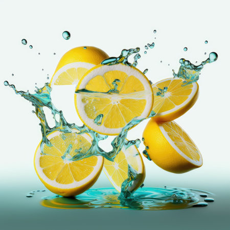 Lemon slices and water splash isolated on white background. AI generatedの素材