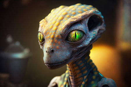 a fantasy alien with green eyes on a dark background. AI generatedの素材