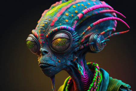 Portrait of an alien with headphones on a dark background. Close up., AI generatedの素材