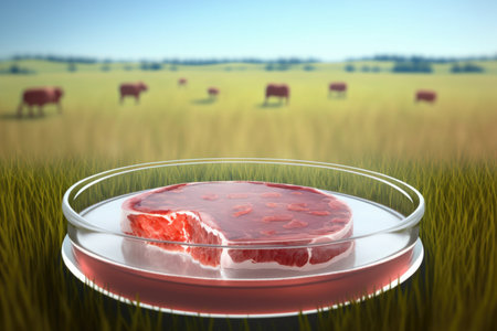 Piece of beef growing on petri dish in the field. Vegan or vegetarian concept. , AI-generatedの素材