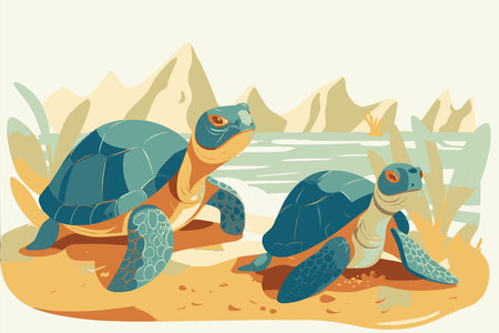 Turtles on the coast of the sea. Vector illustration in retro style. AI generatedの素材