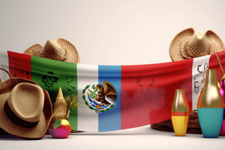3d illustration of hat and beach accessories on the background of the flag of Mexico. AI generatedの素材