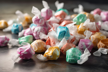Taffies, colorful candies on gray table, closeup. Space for text. National Taffies day banner, AI generatedの素材