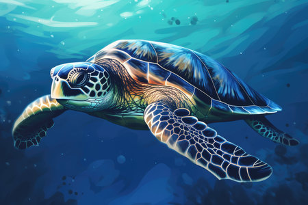 Green sea turtle in deep blue water for world turtle day, May 23, Ai generatedの素材